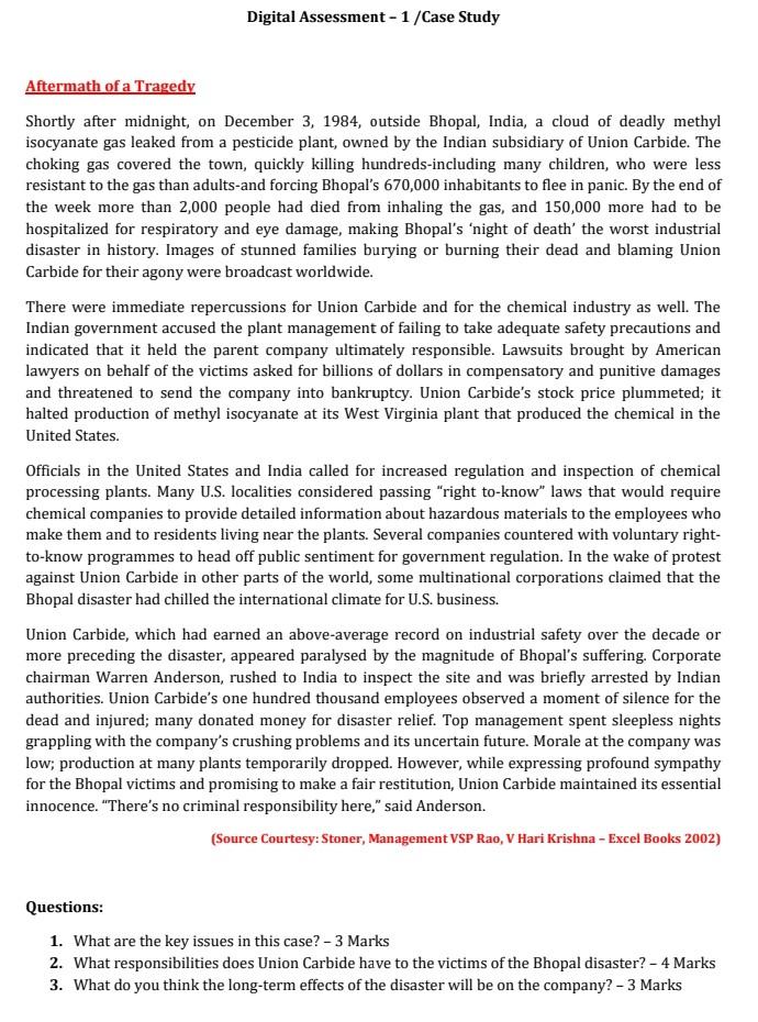 Digital Assessment 1 Case Study Aftermath Of A Tragedy Shortly After Midnight On December 3 1984 Outside Bhopal I 1