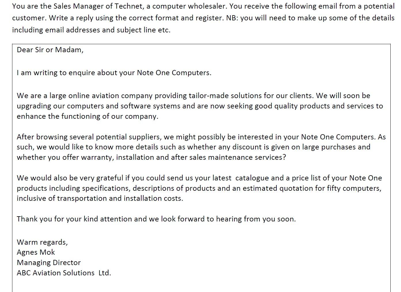 You Are The Sales Manager Of Technet A Computer Wholesaler You Receive The Following Email From A Potential Customer 1