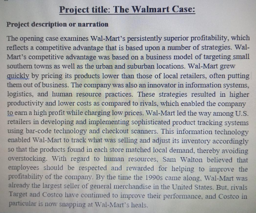 Project Title The Walmart Case Project Description Or Narration The Opening Case Examines Wal Mart S Persistently Supe 1