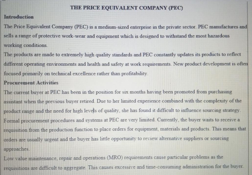 The Price Equivalent Company Pec Introduction A The Price Equivalent Company Pec Is A Medium Sized Enterprise In The 1