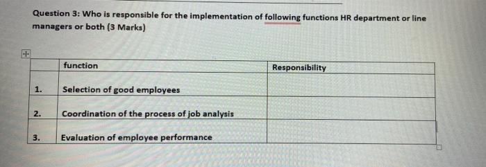 Question 3 Who Is Responsible For The Implementation Of Following Functions Hr Department Or Line Managers Or Both 3 M 1