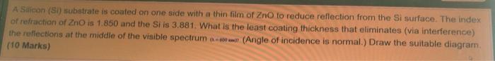 A Silicon Si Substrate Is Coated On One Side With A Thin Film Of Zno To Reduce Reflection From The Si Surface The Ind 1