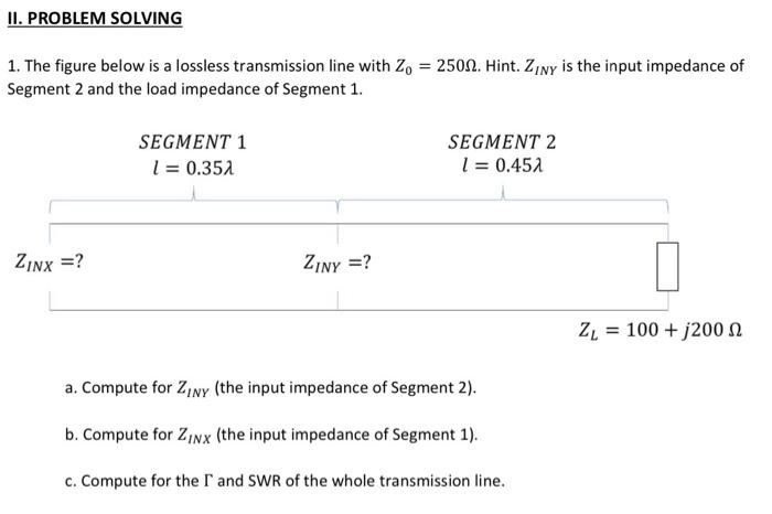 Ii Problem Solving 1 The Figure Below Is A Lossless Transmission Line With 20 2501 Hint Ziny Is The Input Impeda 1