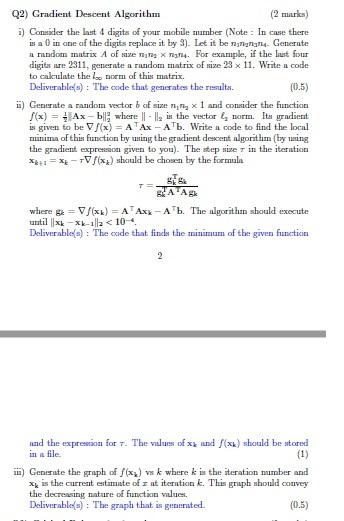 Q2 Gradient Descent Algorithm 2 Murka I Consider The Last 4 Digits Of Your Mobile Mamber Note In Case There Is A 0 1