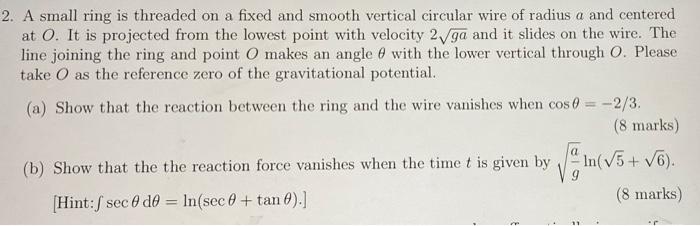 A 2 A Small Ring Is Threaded On A Fixed And Smooth Vertical Circular Wire Of Radius A And Centered At O It Is Projecte 1