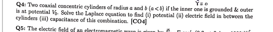 Y 0 Q4 Two Coaxial Concentric Cylinders Of Radius A And B A B If The Inner One Is Grounded Outer Is At Potential Vo 1