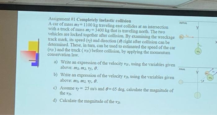 Initial Assignment 1 Completely Inelastic Collision A Car Of Mass M 1100 Kg Traveling East Collides At An Intersection 1