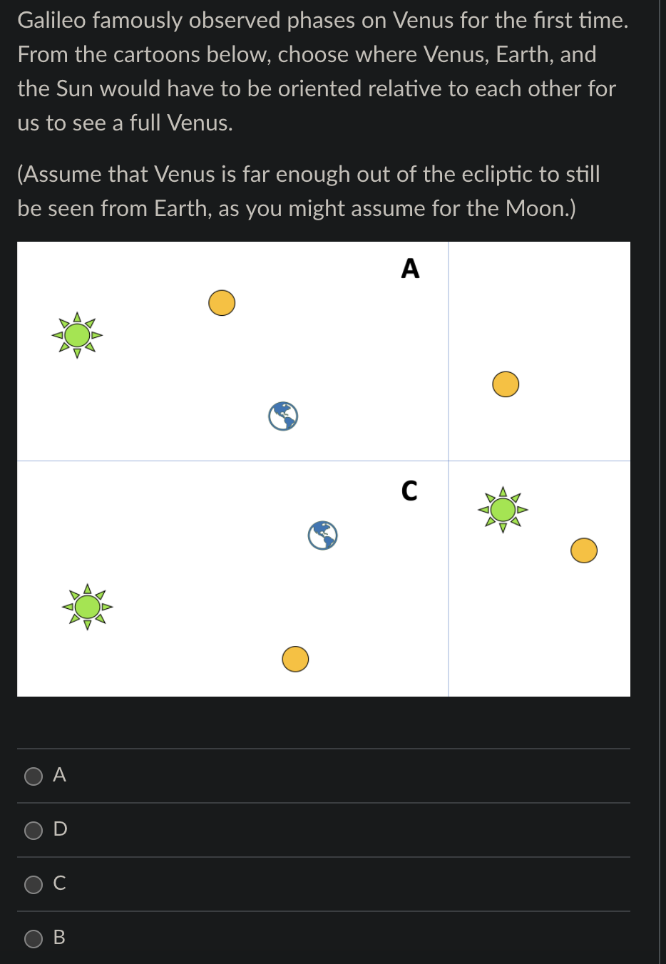 Galileo Famously Observed Phases On Venus For The First Time From The Cartoons Below Choose Where Venus Earth And Th 1