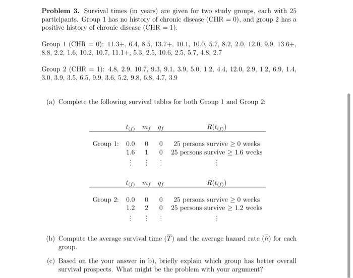Problem 3 Survival Times In Years Are Given For Two Study Groups Each With 25 Participants Group 1 Has No History Of 1