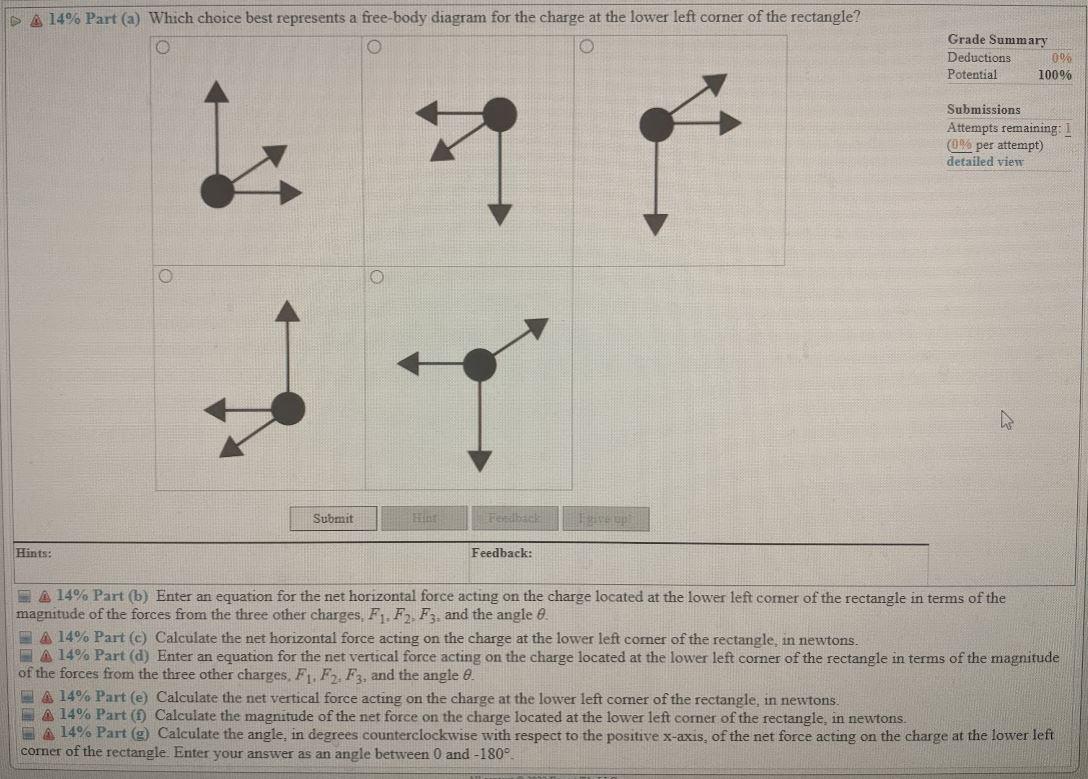 A 14 Part A Which Choice Best Represents A Free Body Diagram For The Charge At The Lower Left Corner Of The Rectangle 1