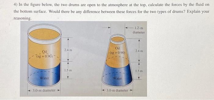 4 In The Figure Below The Two Drums Are Open To The Atmosphere At The Top Calculate The Forces By The Fluid On The Bo 1
