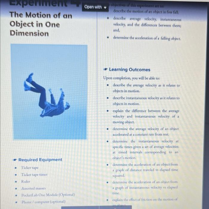 Open With Experiment The Motion Of An Object In One Dimension Objective Of This Experimentale Describe The Motion Of An 1