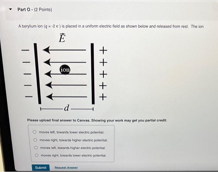 Part 0 2 Points A Berylium Ion Q 2 E Is Placed In A Uniform Electric Field As Shown Below And Released From Rest 1