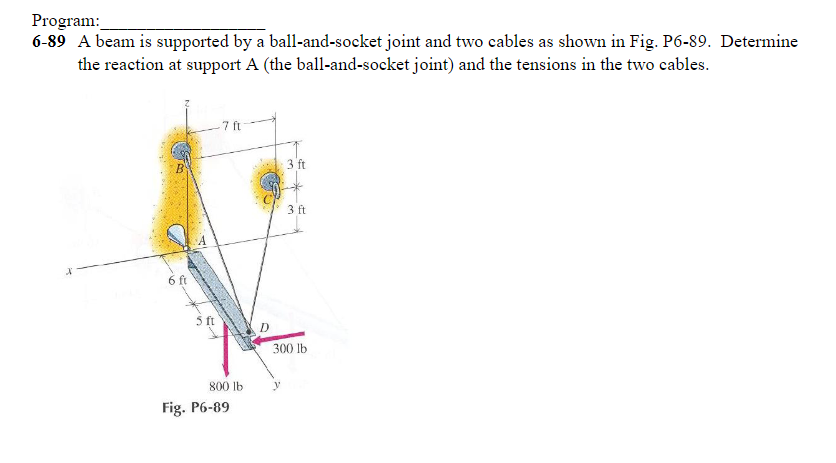 Program 6 89 A Beam Is Supported By A Ball And Socket Joint And Two Cables As Shown In Fig P6 89 Determine The Reacti 1