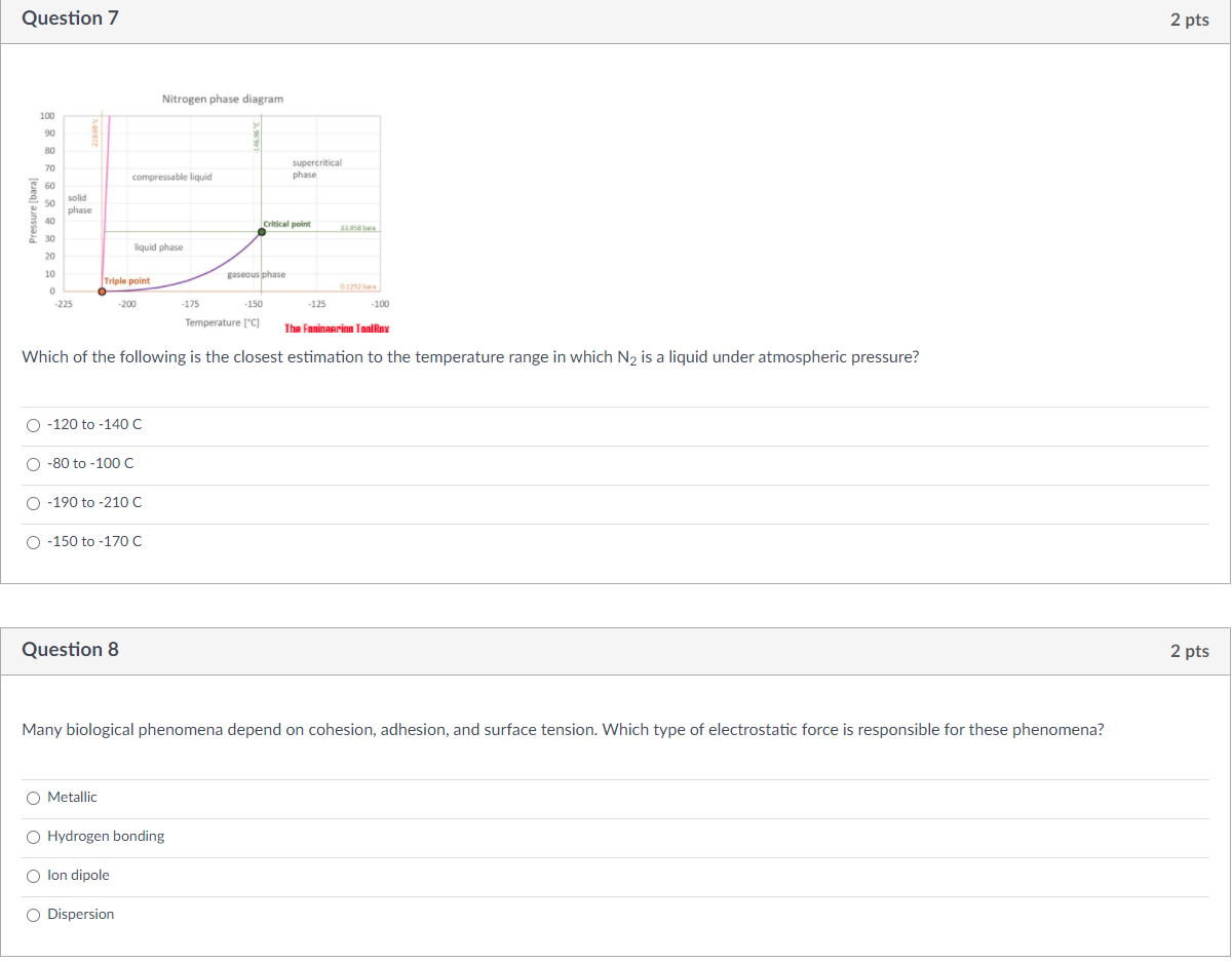 Question 7 2 Pts Nitrogen Phase Diagram 100 90 80 70 Supercritical Phase Compressable Liquid 60 Pressure Bara 50 40 So 1
