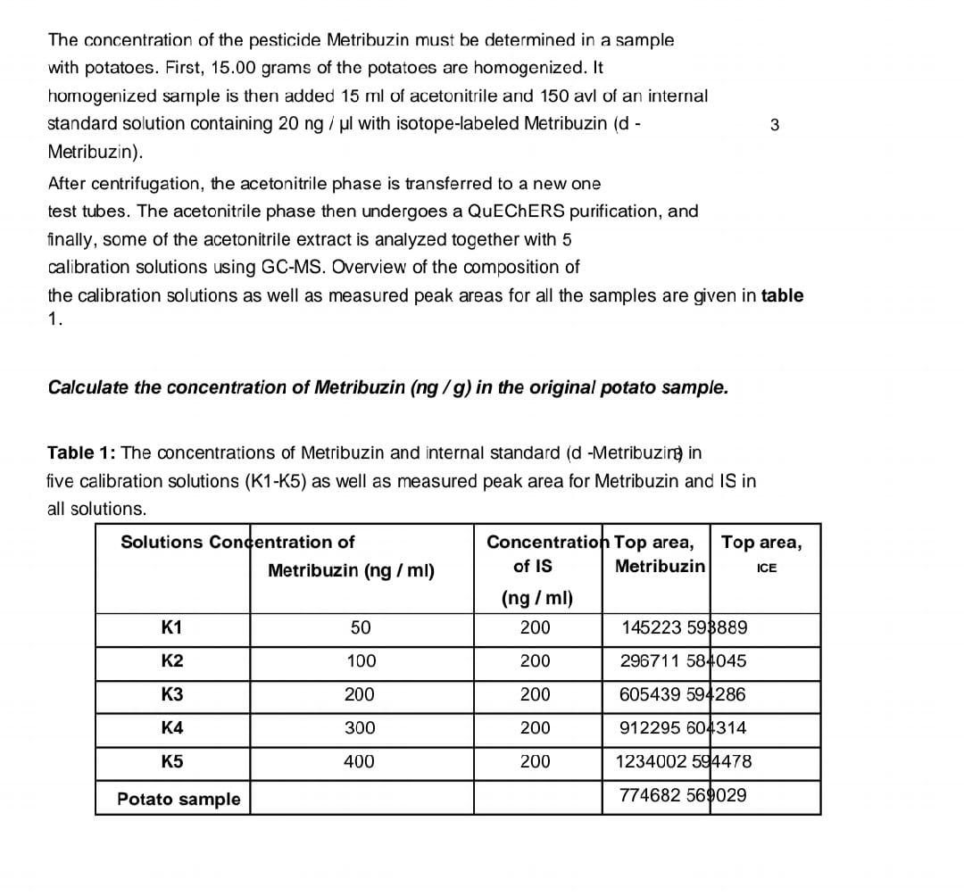 The Concentration Of The Pesticide Metribuzin Must Be Determined In A Sample With Potatoes First 15 00 Grams Of The Po 1