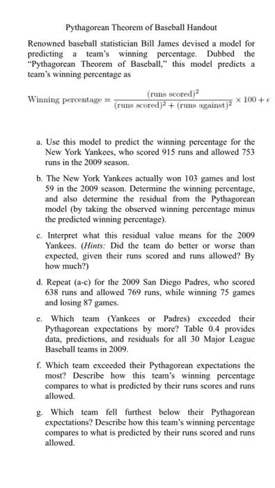 Pythagorean Theorem Of Baseball Handout Renowned Baseball Statistician Bill James Devised A Model For Predicting A Team 1