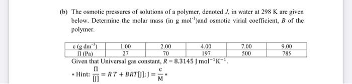 B The Osmotic Pressures Of Solutions Of A Polymer Denoted J In Water At 298 K Are Given Below Determine The Molar M 1