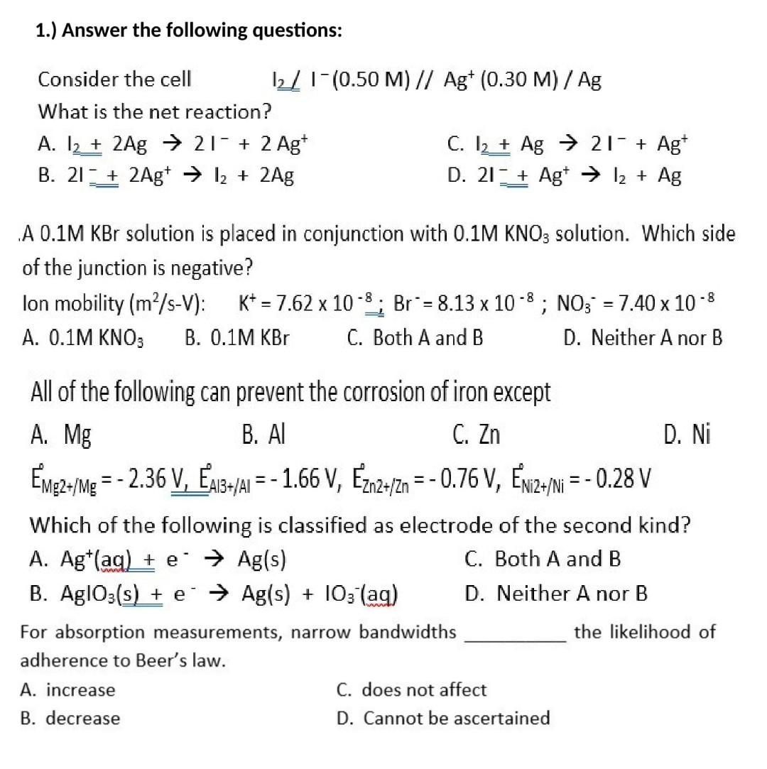 1 Answer The Following Questions Consider The Cell 12 1 0 50 M Agt 0 30 M Ag What Is The Net Reaction A 12 1