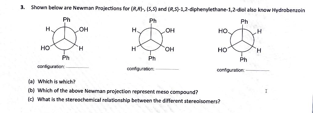 3 Shown Below Are Newman Projections For R R 5 5 And R S 1 2 Diphenylethane 1 2 Diol Also Know Hydrobenzoin Ph 1
