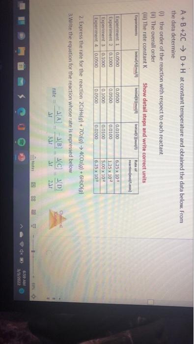 A B 2cd H At Constant Temperature And Obtained The Data Below From The Data Determine The Order Of The Reaction Wit 1