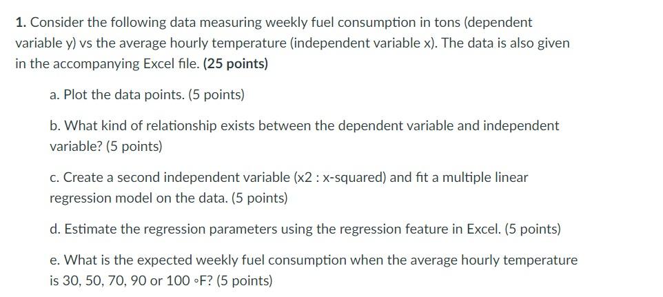 1 Consider The Following Data Measuring Weekly Fuel Consumption In Tons Dependent Variable Y Vs The Average Hourly Te 1