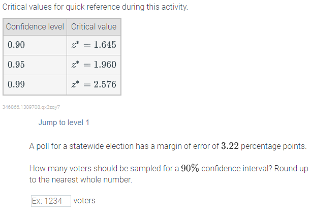 Critical Values For Quick Reference During This Activity Confidence Level Critical Value 0 90 Z 1 645 0 95 Z 1 96 1