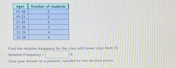 Ages 15 18 19 22 23 26 27 30 31 34 35 38 Number Of Students 2 2 6 3 4 6 Find The Relative Frequency For The Class With L 1