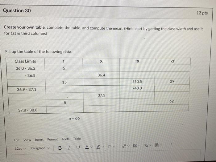 Question 30 12 Pts Create Your Own Table Complete The Table And Compute The Mean Hint Start By Getting The Class Wi 1