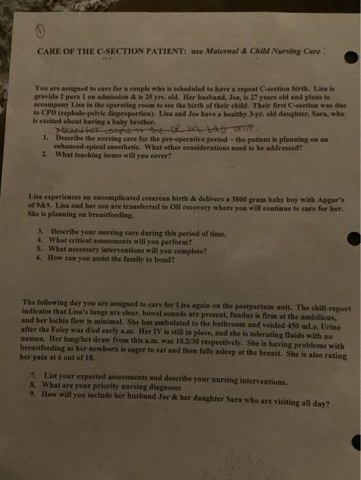 0 Care Of The C Section Patient Use Maternal Child Nursing Care You Are Assigned To Care For A Couple Who Is Schedule 1