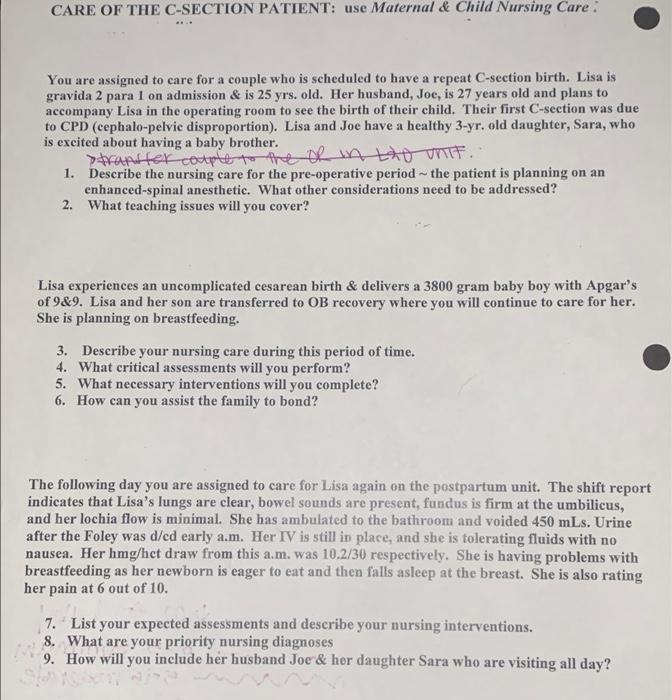 0 Care Of The C Section Patient Use Maternal Child Nursing Care You Are Assigned To Care For A Couple Who Is Schedule 3