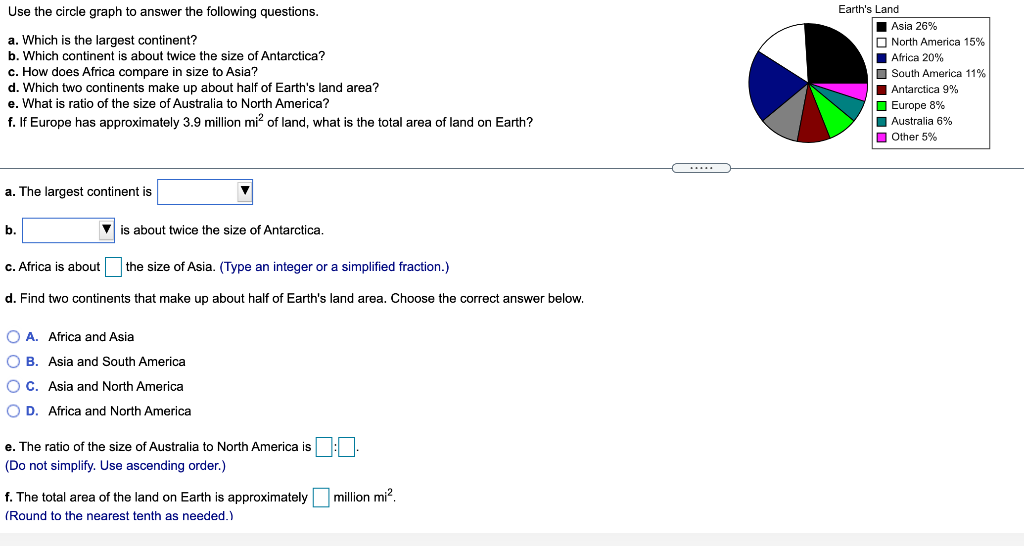 Use The Circle Graph To Answer The Following Questions Earth S Land Asia 26 A Which Is The Largest Continent B Whic 1
