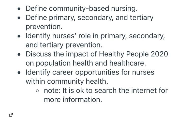 Define Community Based Nursing Define Primary Secondary And Tertiary Prevention Identify Nurses Role In Primary 1