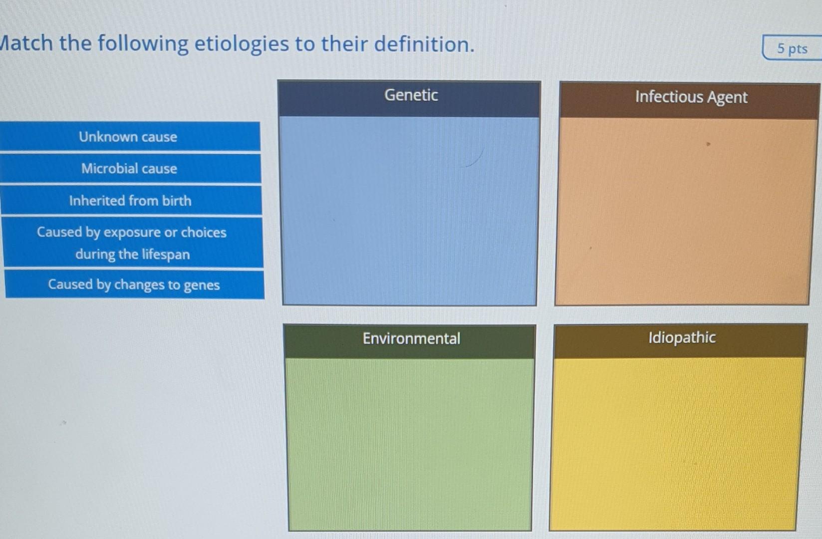 Watch The Following Etiologies To Their Definition 5 Pts Genetic Infectious Agent Unknown Cause Microbial Cause Inherit 1
