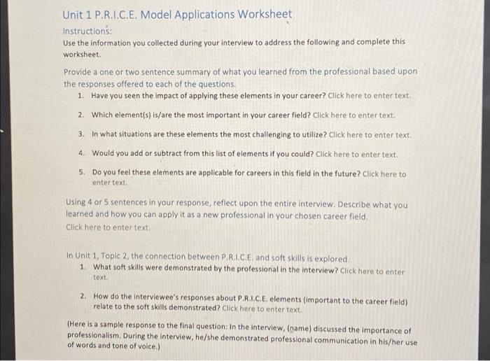 Unit 1 P R I C E Model Applications Worksheet Instructions Use The Information You Collected During Your Interview To 2