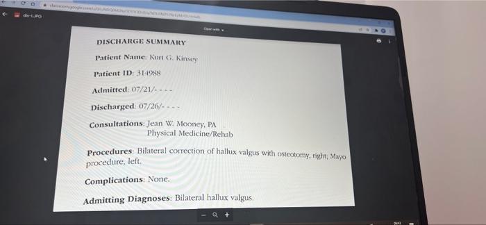 De Ro Discharge Summary Patient Name Kurt G Kinstry Patient Id 31 1088 Admitted 07 21 Discharged 07 26 Cons 1