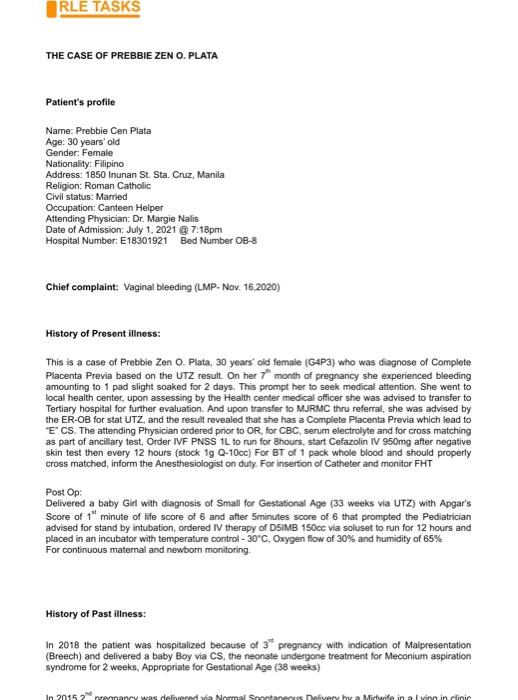Rle Tasks The Case Of Prebbie Zen O Plata Patient S Profile Name Prebbie Cen Plata Age 30 Years Old Gender Female Na 1