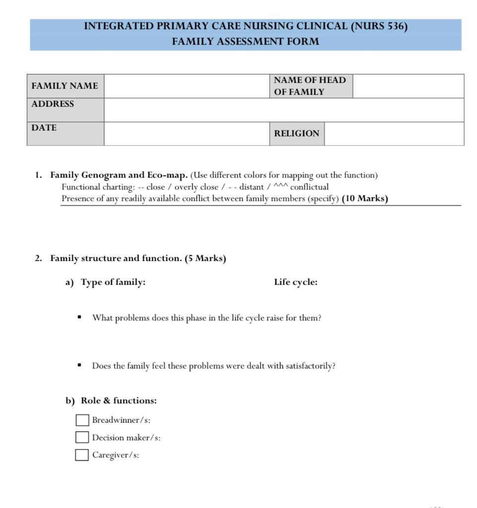 Integrated Primary Care Nursing Clinical Family Assessment Form 1