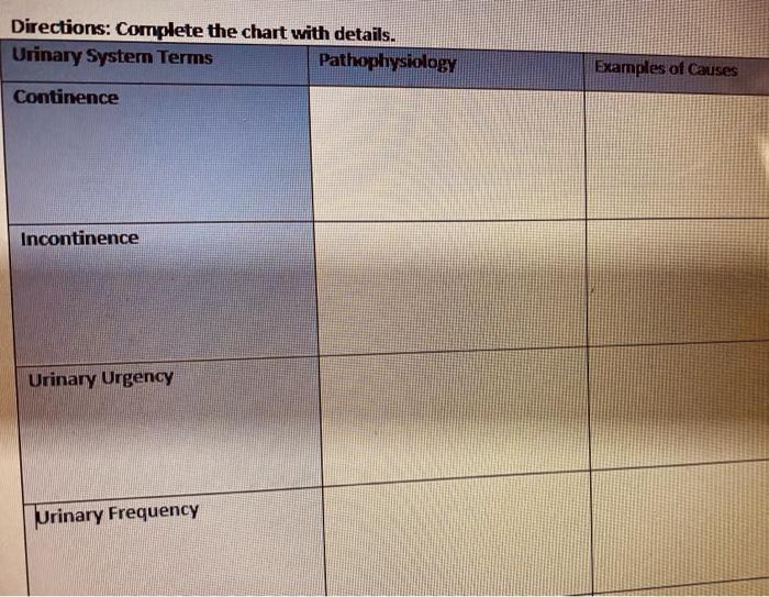 Directions Complete The Chart With Details Urinary Systern Terms Pathophysiology Examples Of Causes Continence Inconti 1