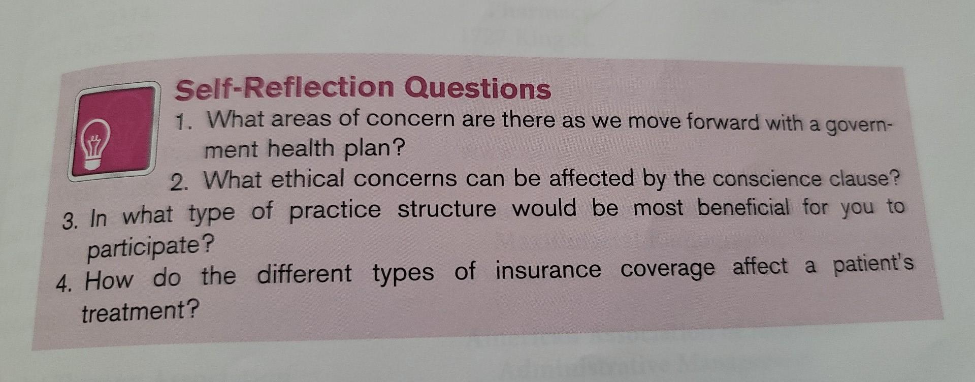 Self Reflection Questions 1 What Areas Of Concern Are There As We Move Forward With A Govern Ment Health Plan 2 What 1