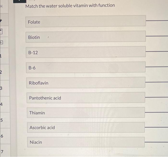 Match The Water Soluble Vitamin With Function Folate 5 Biotin B 12 B 6 2 Riboflavin 3 Pantothenic Acid 4 Thiamin 5 Ascor 1