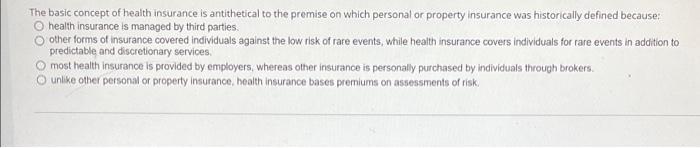 The Basic Concept Of Health Insurance Is Antithetical To The Premise On Which Personal Or Property Insurance Was Histori 1