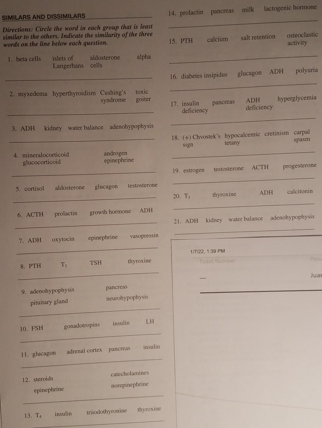 Milk Lactogenic Hormone 14 Prolactin Pancreas Similars And Dissimilars Directions Circle The Word In Each Group That I 1