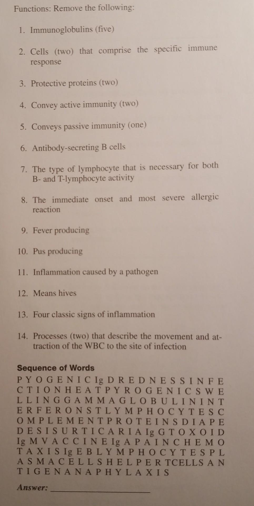 Functions Remove The Following 1 Immunoglobulins Five 2 Cells Two That Comprise The Specific Immune Response 3 1