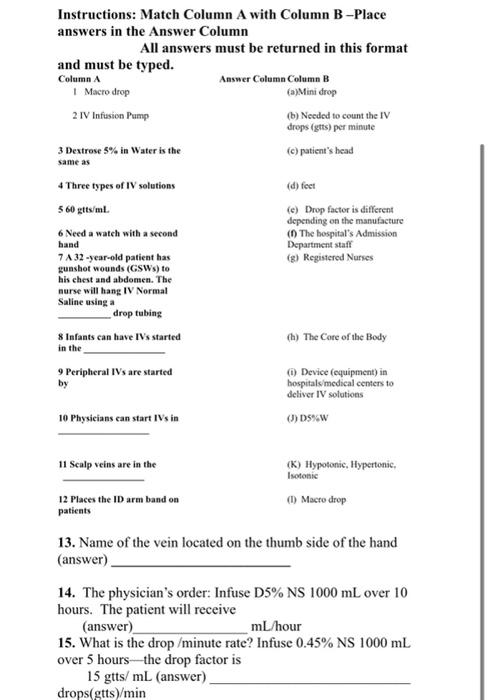 Instructions Match Column A With Column B Place Answers In The Answer Column All Answers Must Be Returned In This Forma 1