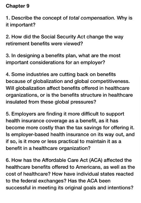 Chapter 9 1 Describe The Concept Of Total Compensation Why Is It Important 2 How Did The Social Security Act Change 1