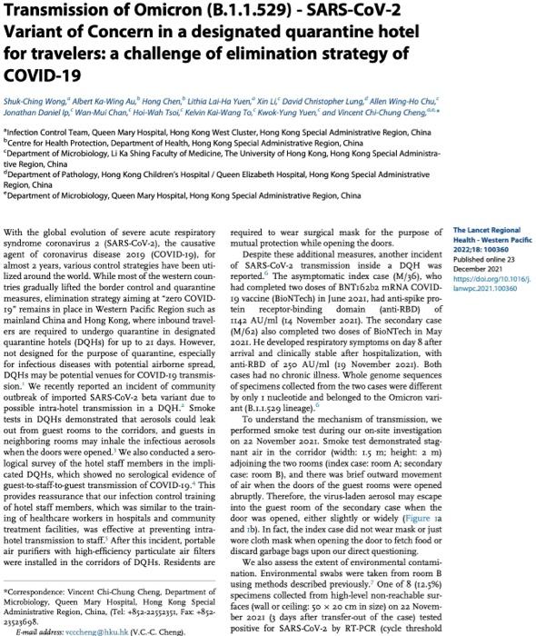 Transmission Of Omicron B 1 1 529 Sars Cov 2 Variant Of Concern In A Designated Quarantine Hotel For Travelers A Ch 1