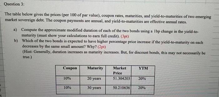 Question 3 The Table Below Gives The Prices Per 100 Of Par Value Coupon Rates Maturities And Yield To Maturities O 1