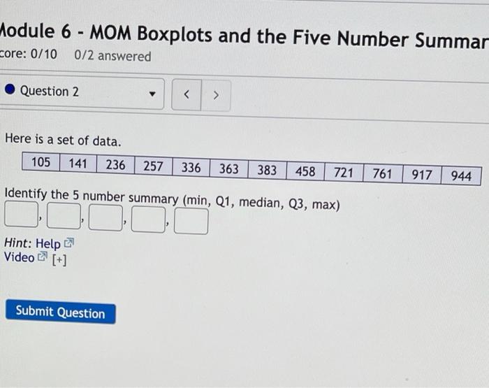 Module 6 Mom Boxplots And The Five Number Summar Core 0 10 0 2 Answered Question 2 Here Is A Set Of Data 105 141 23 1
