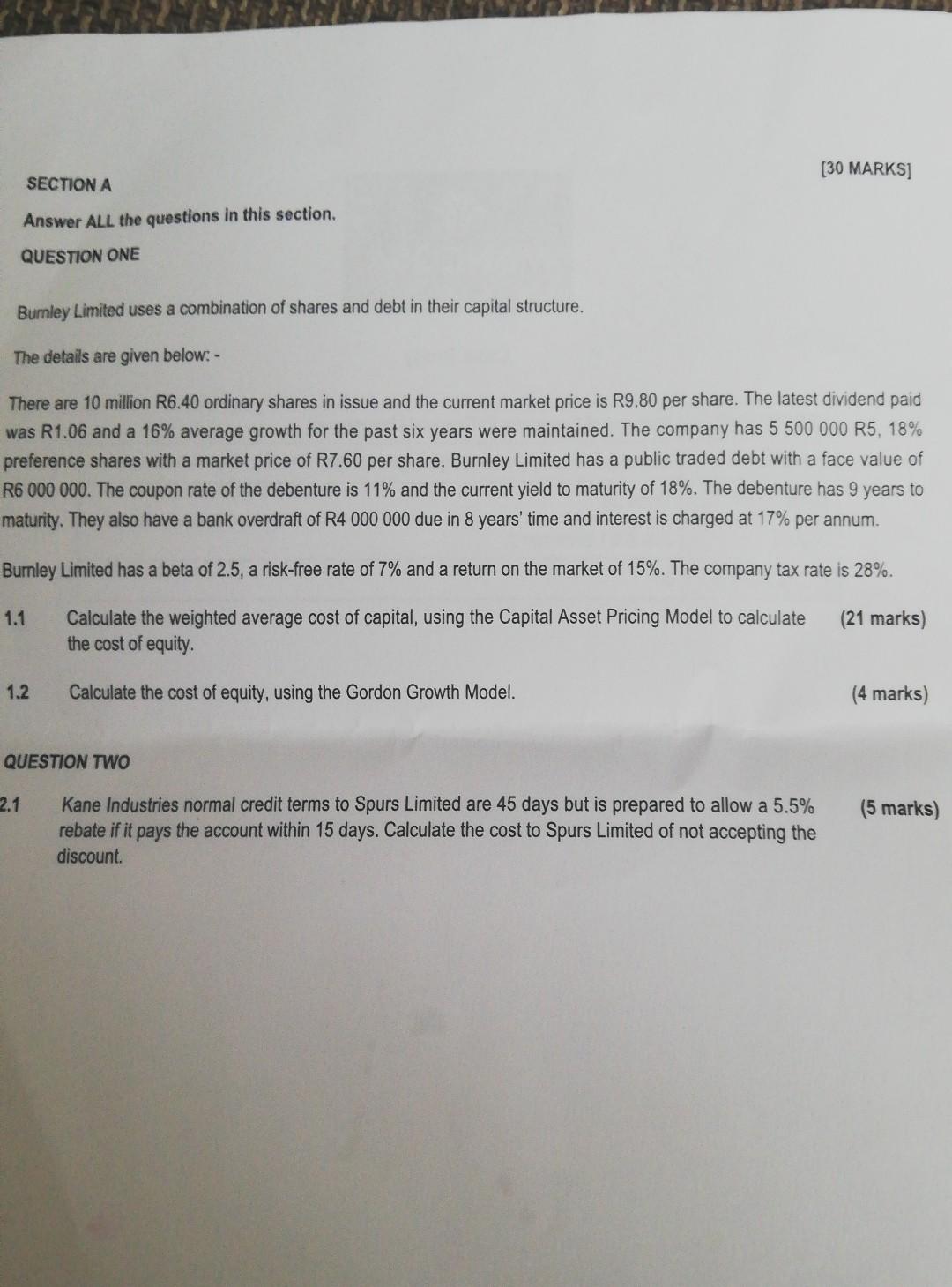 30 Marks Section A Answer All The Questions In This Section Question One Burnley Limited Uses A Combination Of Shares 1